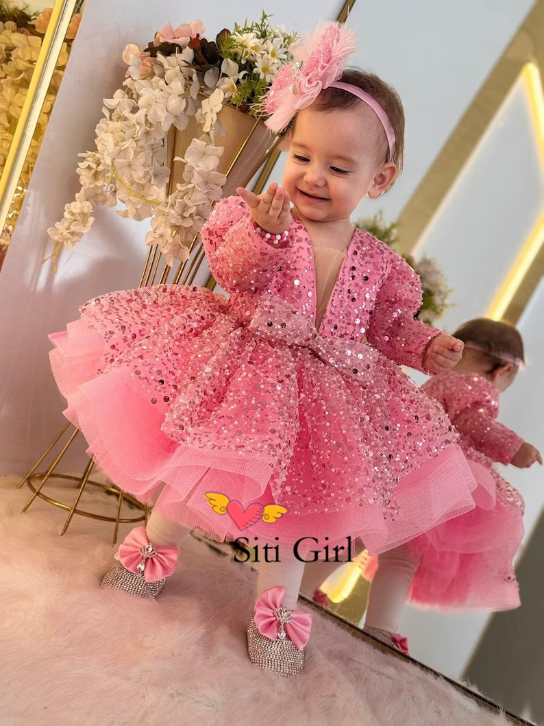 Toddler Girl Tulle Party Dress - Vestido rosa de princesa para bebé,